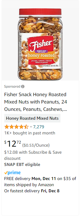 Fisher Snack Honey Roasted Mixed Nuts with Peanuts, 24 Ounces