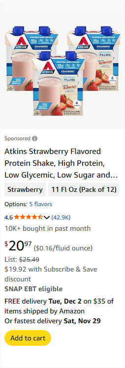 Atkins Nutritionals campaigns first seen Nov 2025.